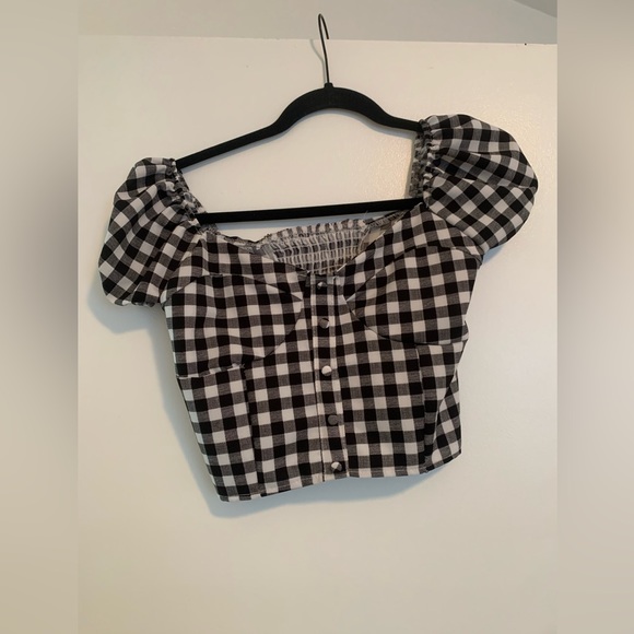 Hazel & Olive Tops - Black & White Gingham Puff Sleeve Crop Top